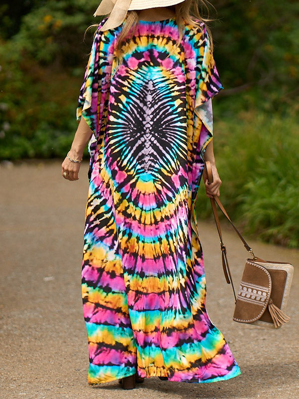 Printed Split-Side Batwing Sleeves Loose V-Neck Maxi Dresses Beach Cover-Up