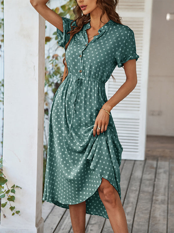 Buttoned Drawstring Polka-Dot A-Line High Waisted V-Neck Shirt Dress Midi Dresses