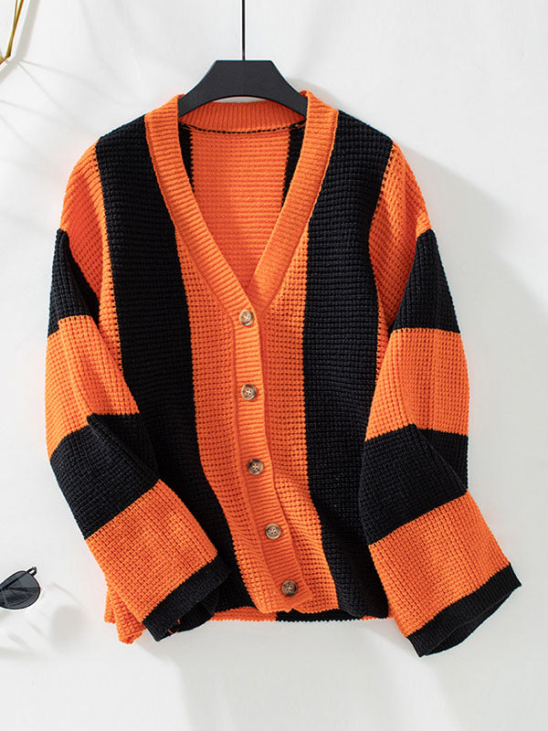 Buttoned Contrast Color Split-Joint Striped Long Sleeves Loose V-Neck Cardigan Tops