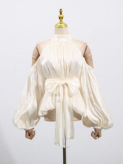 Pleated Solid Color Tied Long Sleeves Loose Halter-Neck Blouses&Shirts Tops