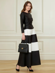 Belted Contrast Color Split-Joint A-Line Bodycon Round-Neck Maxi Dresses