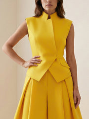 Asymmetric Buttoned Solid Color Split-Joint Elasticated Waist High Waisted Stand Collar Tank Top