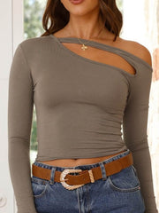 Asymmetric Hollow Solid Color Long Sleeves Skinny Asymmetric Collar T-Shirts Tops