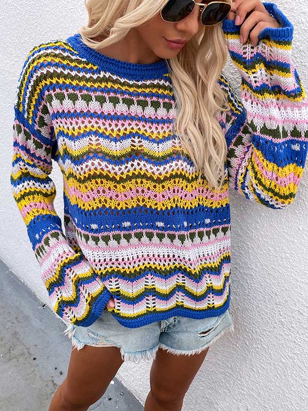 4 Colors Loose Contrast Color Round-Neck Sweater Top