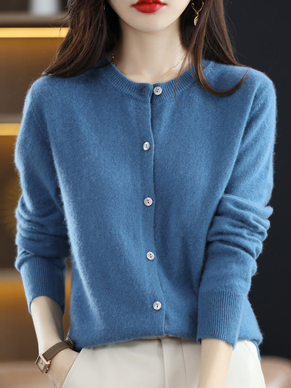 Buttoned Elasticity Long Sleeves Round-Neck Knitwear Cardigan Tops