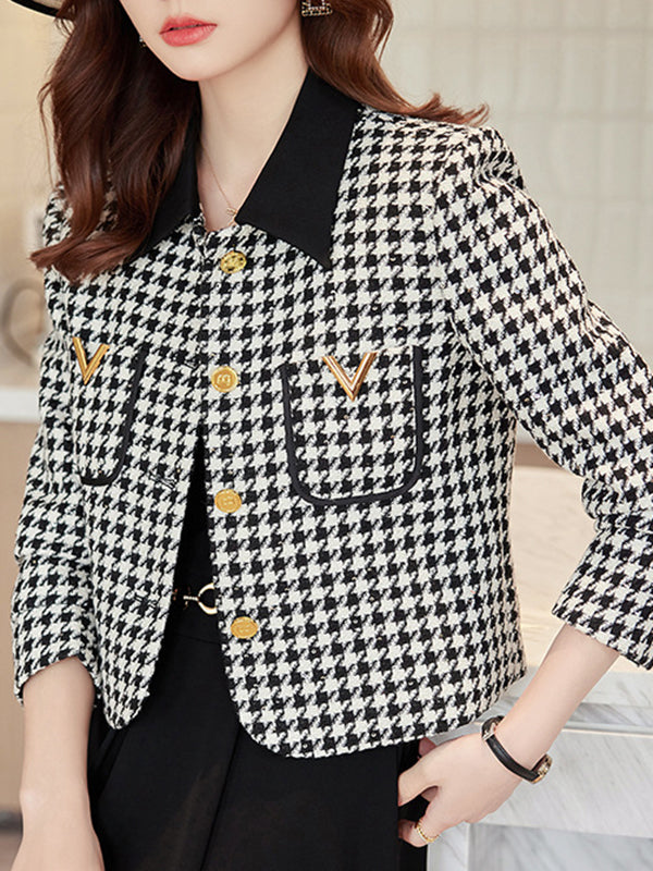 Buttoned Houndstooth Pockets Split-Joint Long Sleeves Plus Size Lapel Outerwear