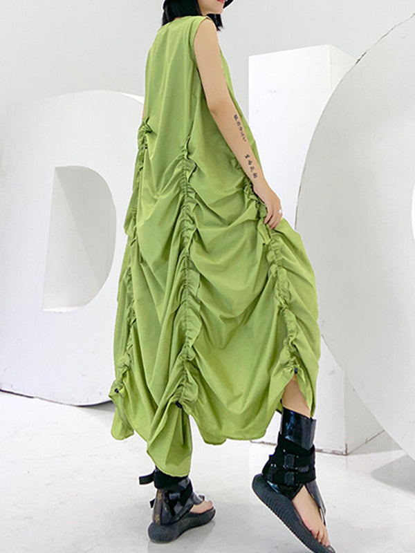 Pleated Solid Color Loose Sleeveless Round-neck Midi Dresses