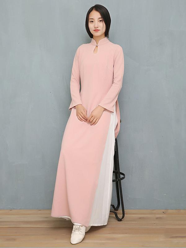 Pink Split-side Long Ao Dai Cheongsam Dress
