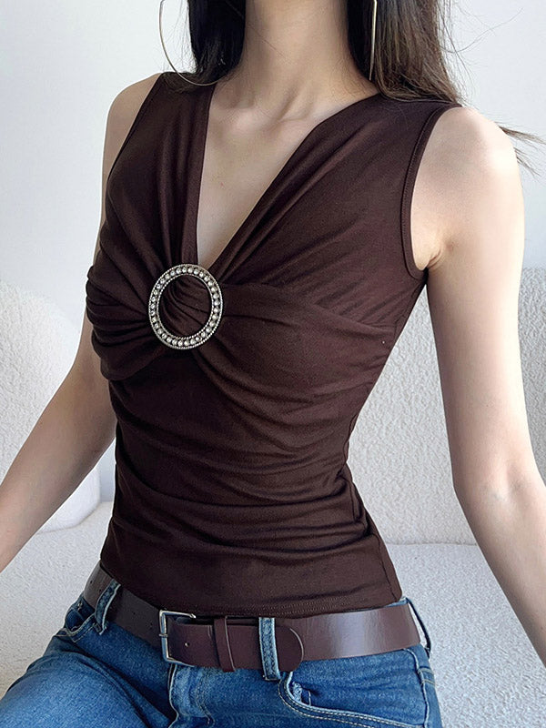 Pleated Solid Color Sleeveless V-Neck Vest Top