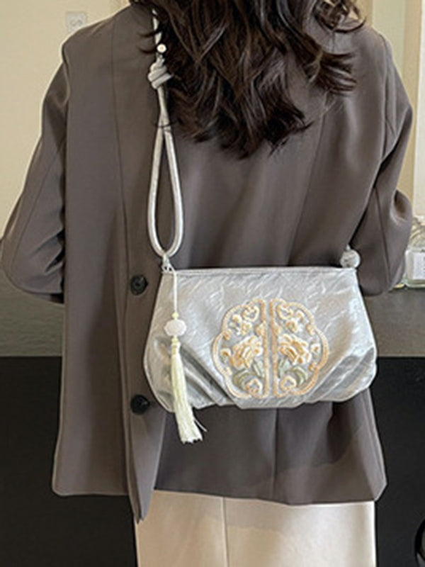 Embroidered Pleated Tasseled Zipper Crossbody Bags