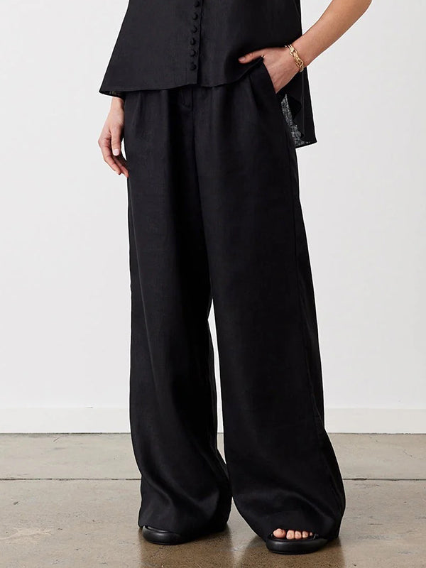 Pockets Solid Color High Waisted Loose Trousers Pants