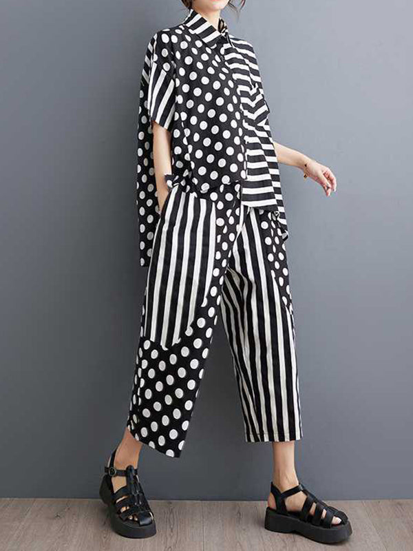 High-Low Asymmetric Half Sleeves Contrast Color Polka-Dot Split-Side Striped Lapel Blouses Top + Pants Bottom Two Pieces Set