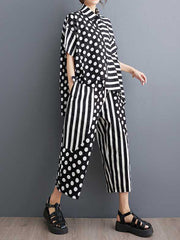 High-Low Asymmetric Half Sleeves Contrast Color Polka-Dot Split-Side Striped Lapel Blouses Top + Pants Bottom Two Pieces Set
