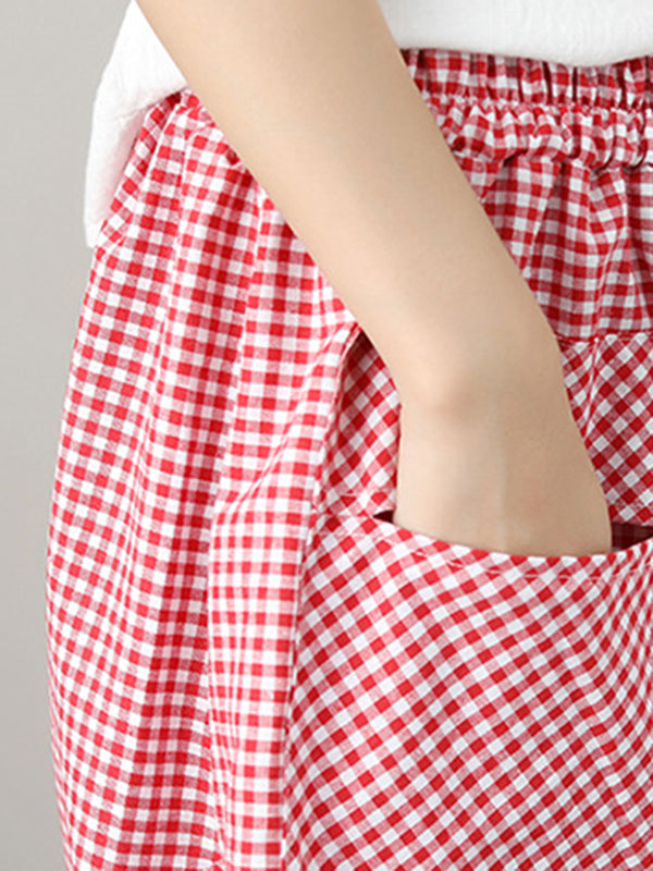 Elasticity Plaid Pleated Pockets High Waisted Irregularity Skirts