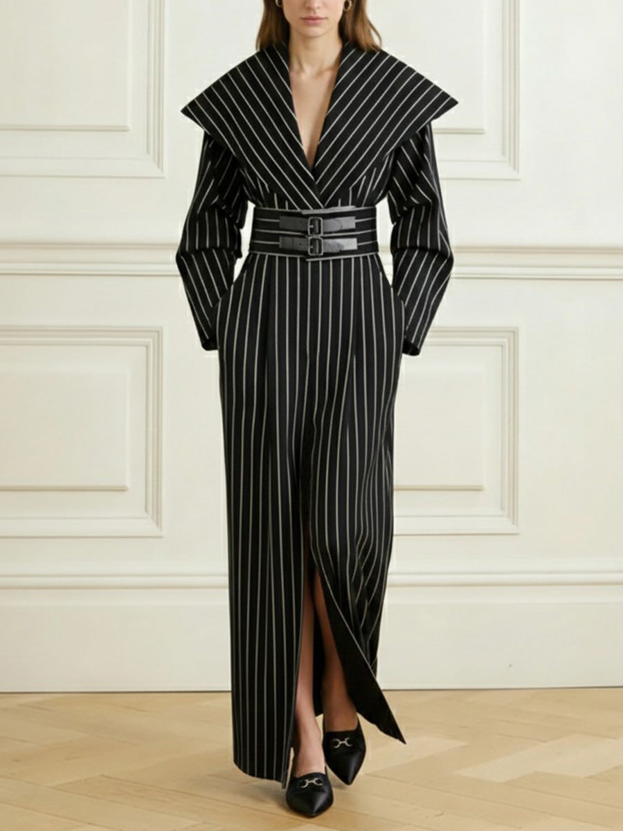 Belted Contrast Color Split-Front Split-Joint Striped Bodycon Elasticated Waist Deep V-Neck Maxi Dresses Blazer