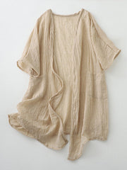 Pleated See-Through Solid Color Loose Short Sleeves Outerwear Cover-Ups Tops