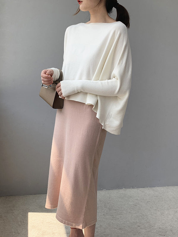Solid Color Batwing Sleeves High-Low Boat Neck Sweater Pullovers Knitwear