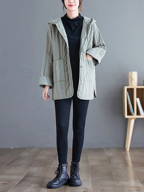 Casual Long Sleeves Loose Buttoned Keep Warm Solid Color Hooded Padded Coat/Down Coat