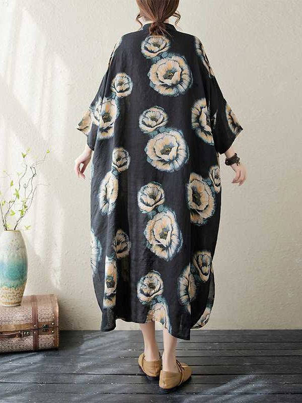 Buttoned Flower Print Loose Three-quarter Sleeves Stand Collar Midi Dresses