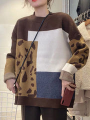 Original Contrast Color Leopard Round-Neck Long Sleeves Sweater Top