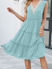 Elasticity Pleated Split-Joint A-Line High Waisted V-Neck Midi Dresses