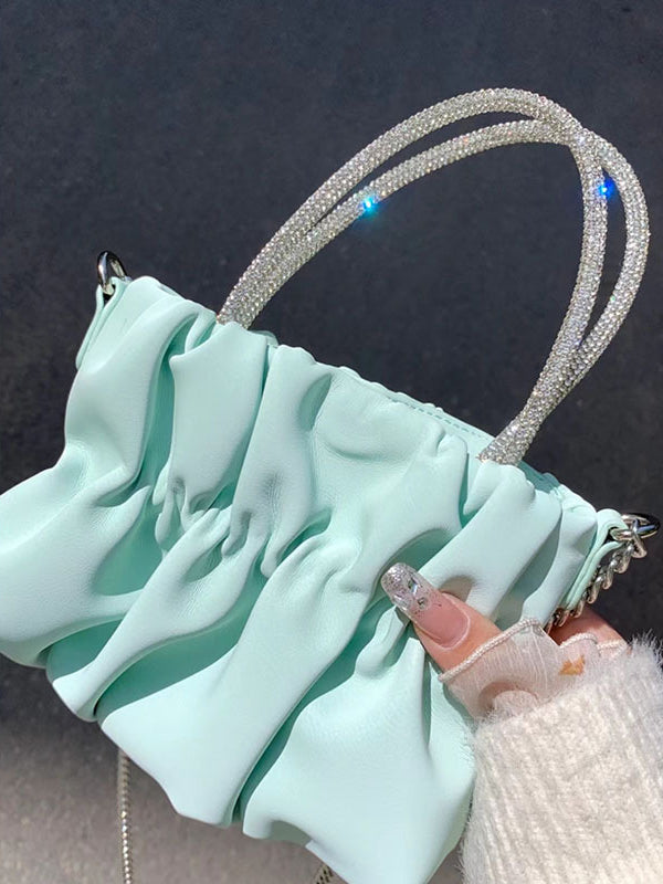 Chains Pleated Rhinestone Solid Color Zipper Crossbody Bags Accessories