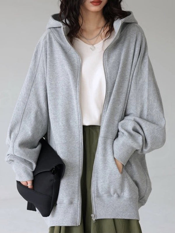 Solid Color Zipper Hooded Long Sleeves High-neck Outerwear Jackets