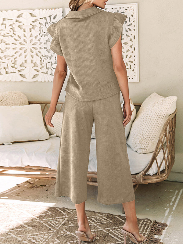 Solid Color Zipper Loose Ruffle Sleeves Split-Joint Lapel T-shirt Top + Drawstring Pockets Pants Bottom Two Pieces Set