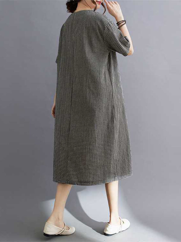 Plaid Pleated Split-Joint A-Line Half Sleeves V-Neck Midi Dresses