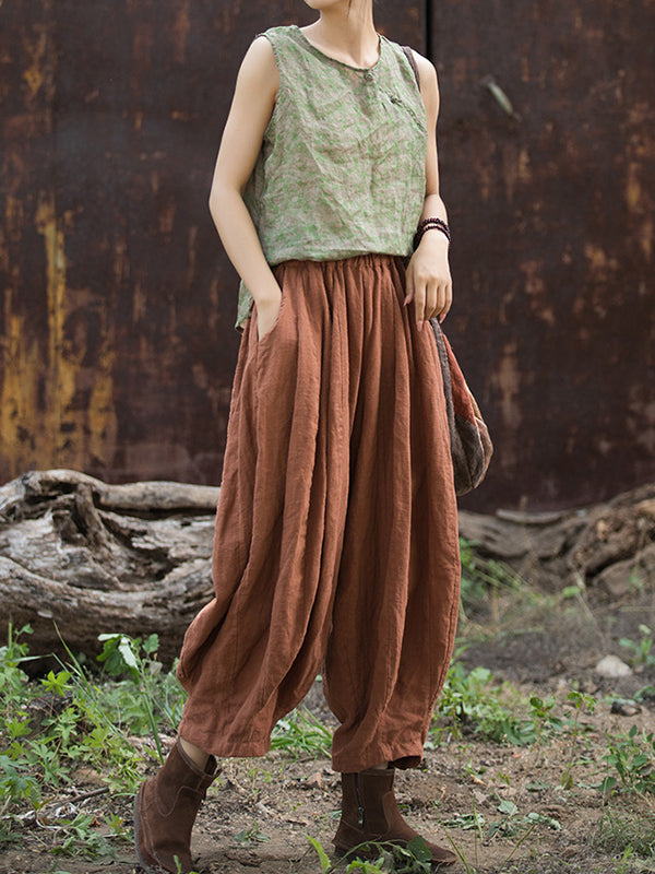 Elasticity Pleated Pockets Solid Color Split-Joint Bloomers Loose Casual Pants Bottoms