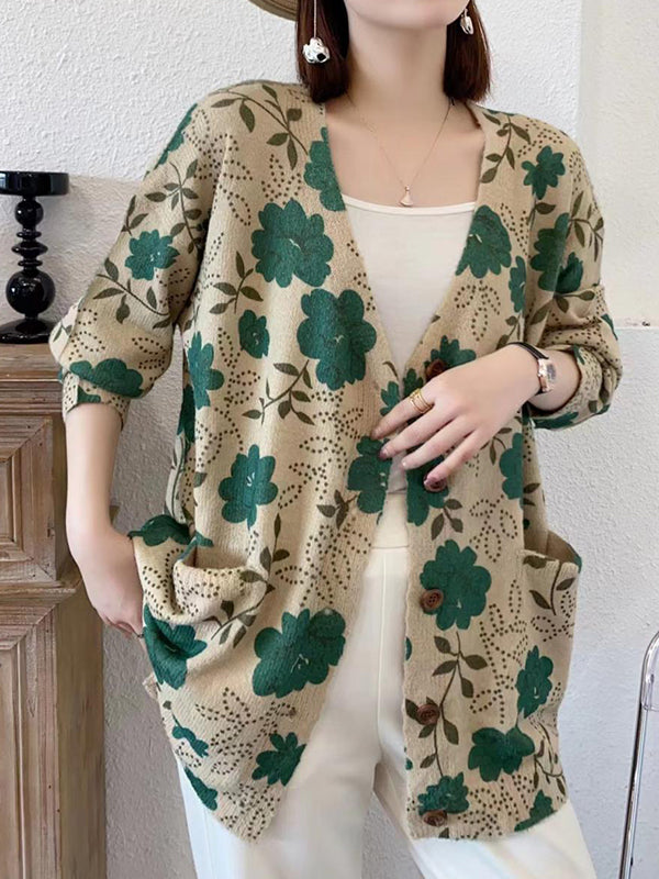 Buttoned Knitted Flower Pockets Long Sleeves Loose V-Neck Cardigan Tops