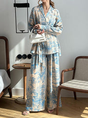 Printed Long Sleeves Buttoned Tied Waist Notched Collar Shirts Top + High Waisted Pants Bottom Two Pieces Set