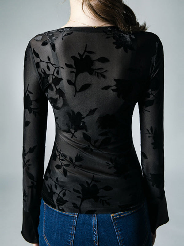 Asymmetric Buttoned Flower Print Mesh See-Through Flared Sleeves Long Sleeves V-neck Blouses&shirts Tops