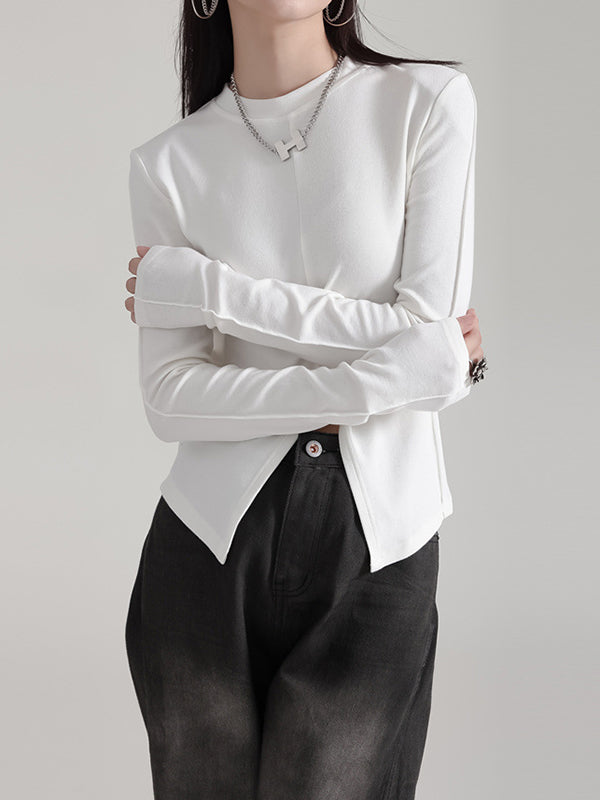 Solid Color Split-front Long Sleeves Skinny Round-neck T-Shirts Tops
