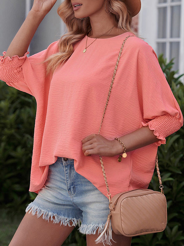 Elasticity Solid Color Split-Joint Half Sleeves Loose Round-Neck T-Shirts Tops