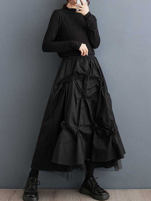 Elasticity Pleated Pockets Solid Color Tulle High-Low Loose Skirts Bottoms