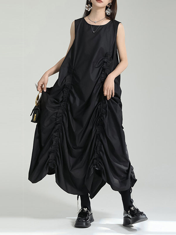 Asymmetric Elasticity Pleated Solid Color Loose Sleeveless Round-Neck Midi Dresses