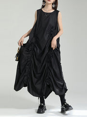 Asymmetric Elasticity Pleated Solid Color Loose Sleeveless Round-Neck Midi Dresses