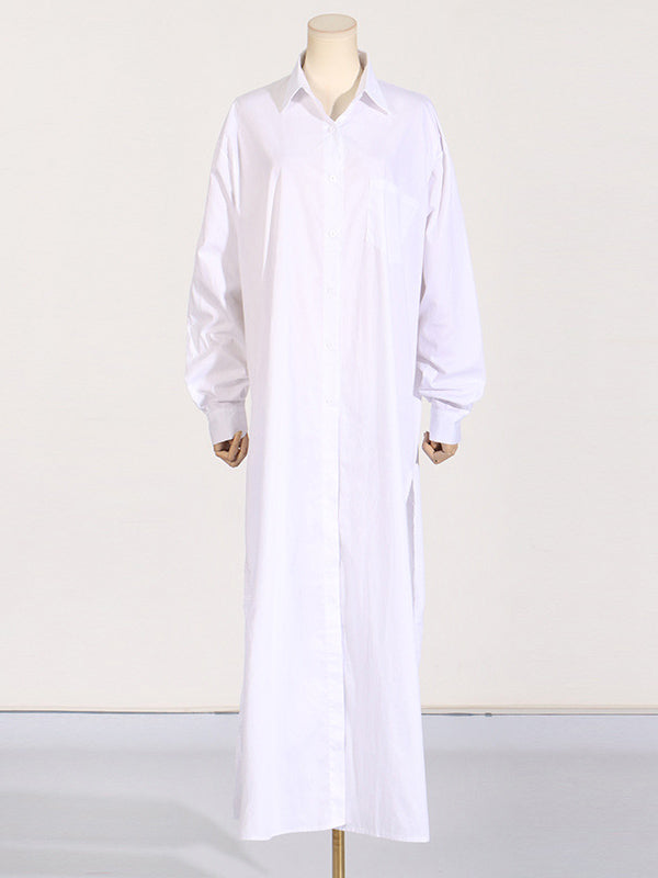 See-Through Solid Color Split-Joint Split-Side Long Sleeves Loose Lapel Shirt Dress Maxi Dresses