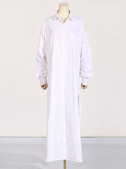 See-Through Solid Color Split-Joint Split-Side Long Sleeves Loose Lapel Shirt Dress Maxi Dresses