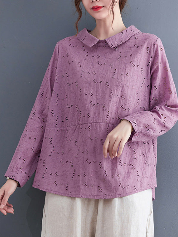 Loose 3 Colors Embroidered Hollow Lapel Collar Long Sleeves T-Shirt