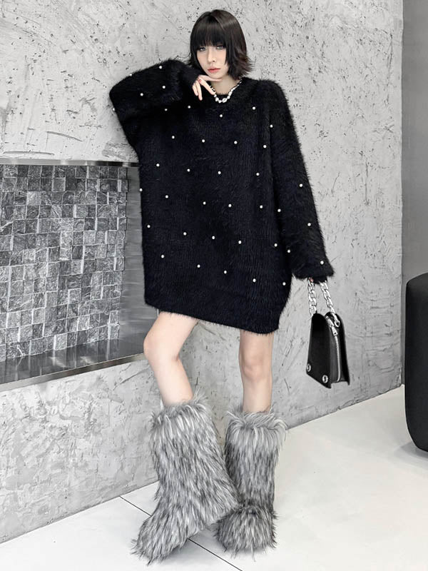 Beads Contrast Color Shiny Split-Joint Long Sleeves Loose Round-Neck Sweater Dresses Mini Dresses
