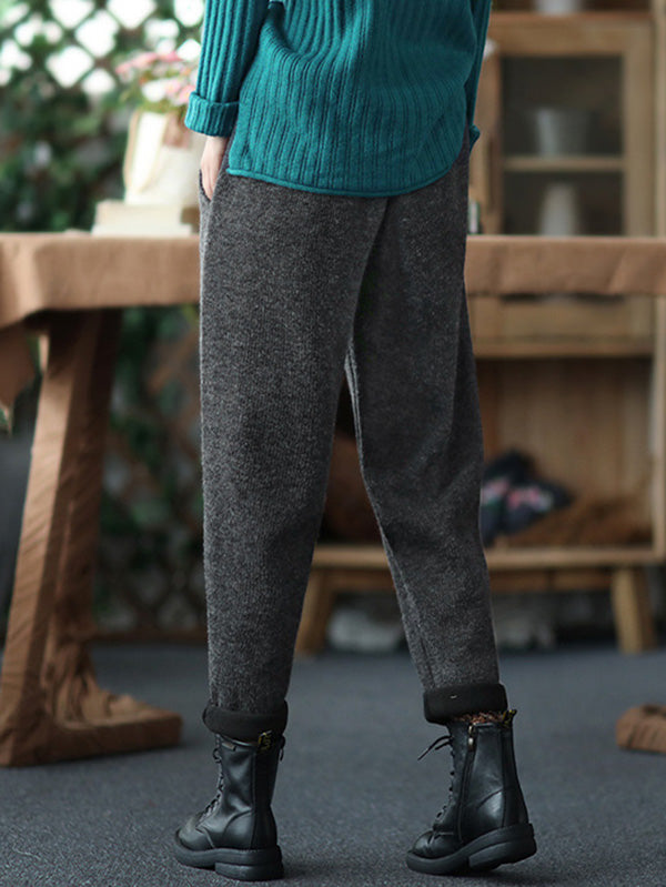 Vintage Black&Gray Thicken Velvet Elasticity Casual Pants