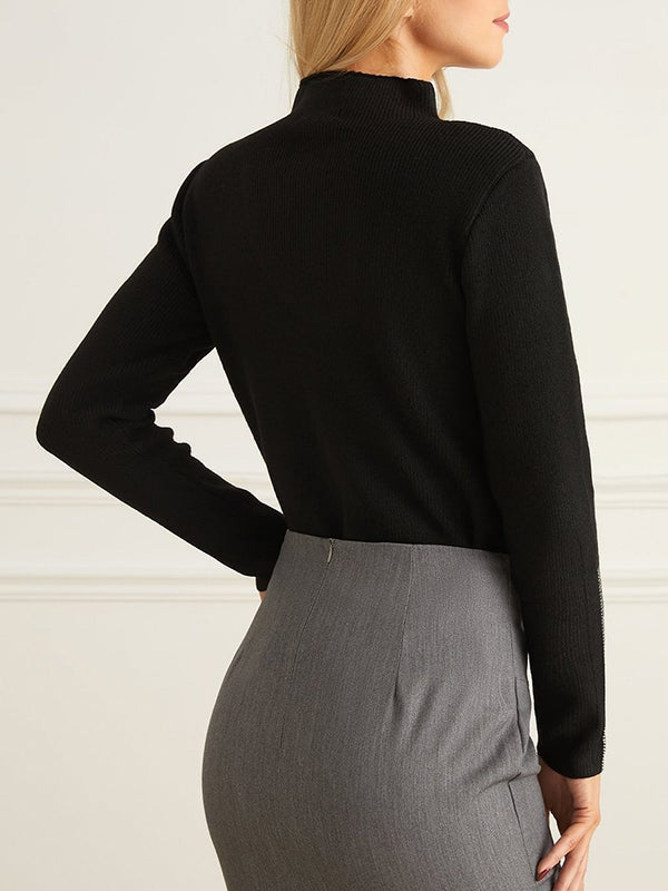 Long Sleeves Skinny Rhine Stones High Neck Pullovers Sweater Sweater Tops