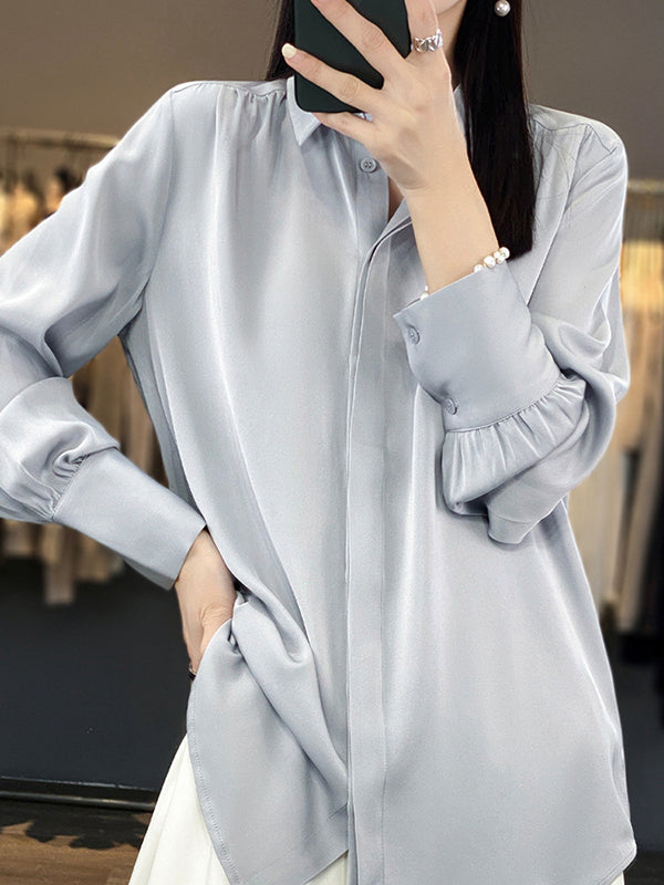 Buttoned Pleated Solid Color Long Sleeves Loose Lapel Blouses&Shirts Tops