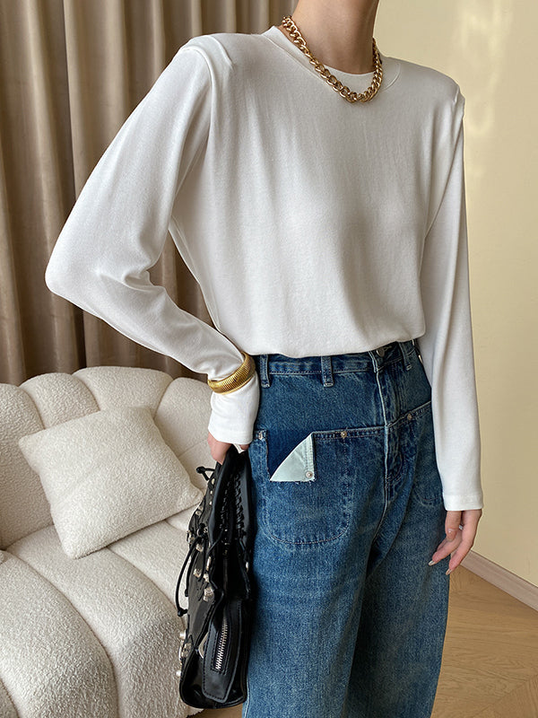 Solid Color Split-Joint Long Sleeves Round-Neck T-Shirts Tops