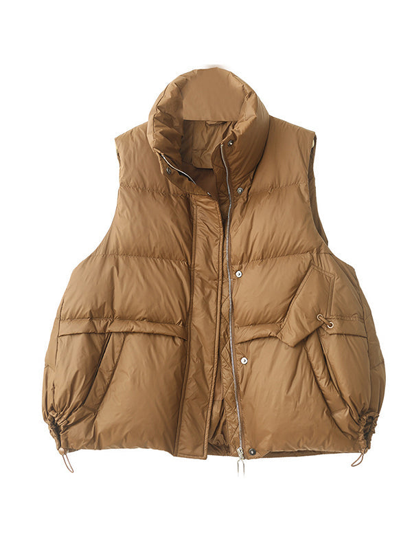 Original Creation Loose Sleeveless Solid Color Zipper High-Neck Vest Outerwear