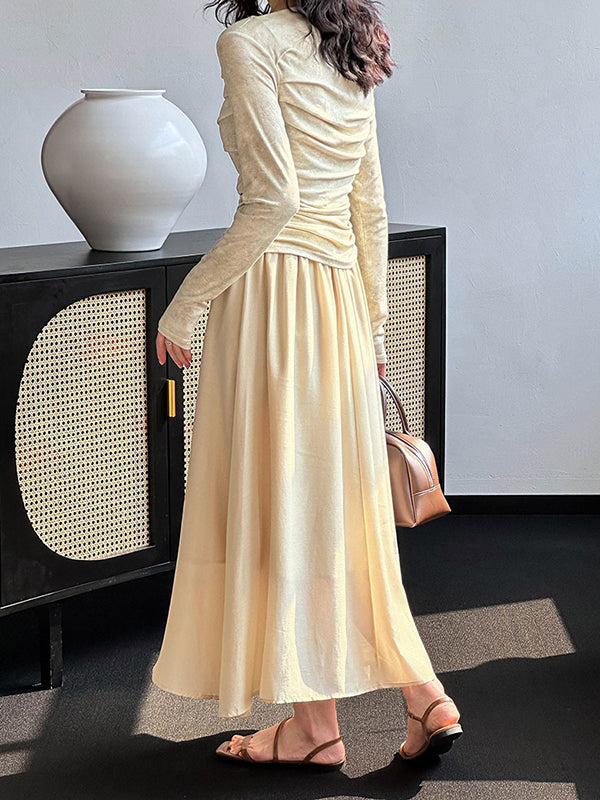 Elasticity Pleated Solid Color Split-Joint A-line High Waisted Skirts Bottoms