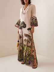 Leaves Print Flared Sleeves Loose V-neck Maxi Dresses
