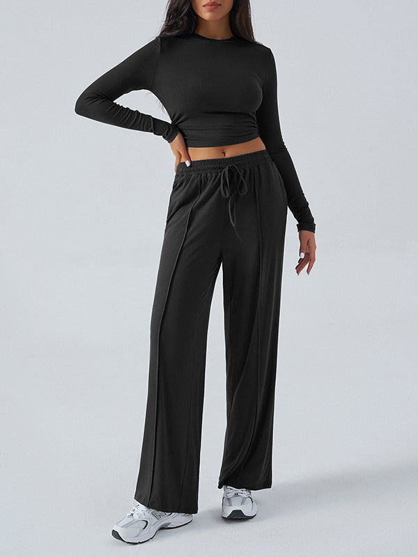 Round-Neck Long Sleeves Loose Solid Color T-shirt Top + Drawstring Elasticity Pockets Pants Bottom Two Pieces Set